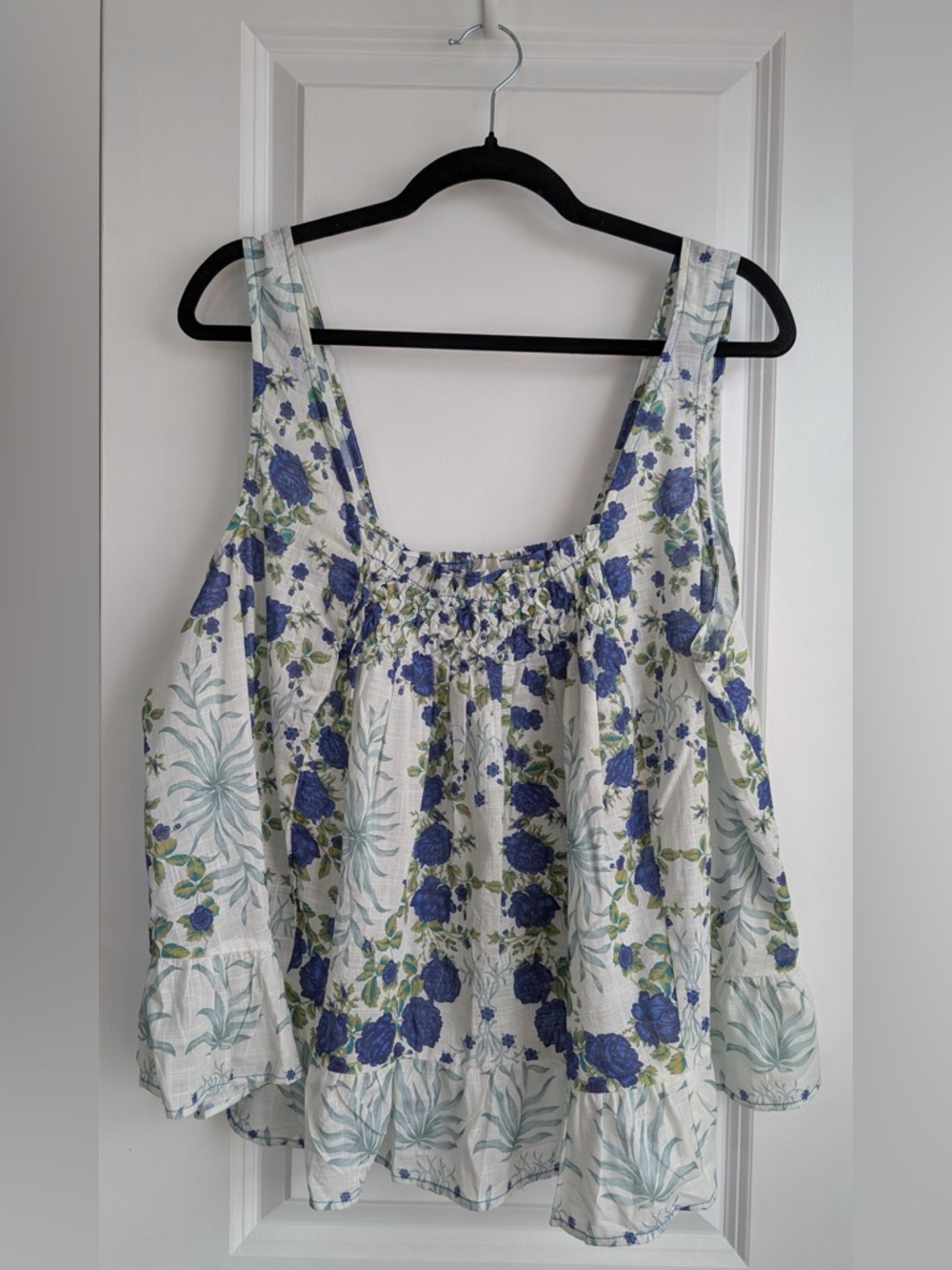Anthropologie White Floral Tank with Blue & Green Print
